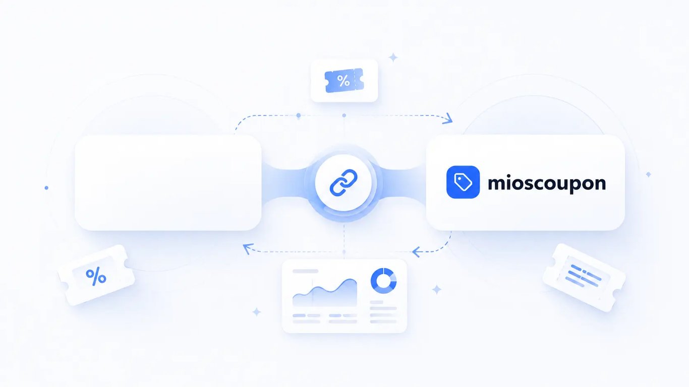 Grafische Darstellung der Kombination von impact.com (Partnership Cloud) und Mioscoupon: Illustration mit zwei verbundenen Flächen und Verbindungssymbol in der Mitte; rechts das Mioscoupon-Markenlogo, links eingeblendet das impact.com-Netzwerk-Logo — symbolisiert die Ergänzung von Partnership- und Affiliate-Setups durch Mioscoupon-Self-Service-Gutscheine im Portalnetzwerk.